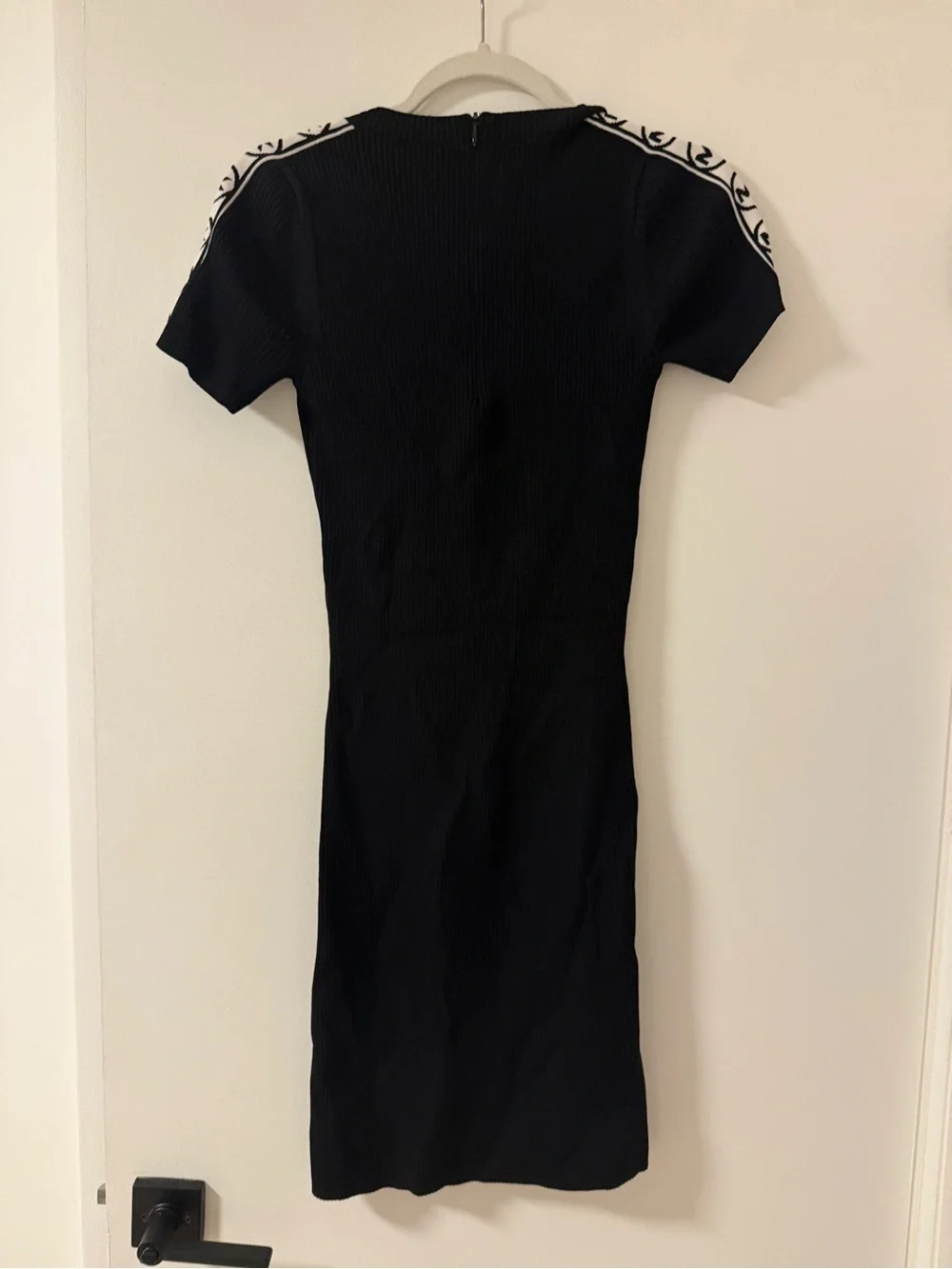 Michael Kors Black Ribbed Short-Sleeve Midi Dress with White Shoulder Trim